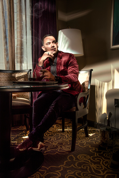Juan Cubillo portrait in downtown Orlando in a vintage hotel