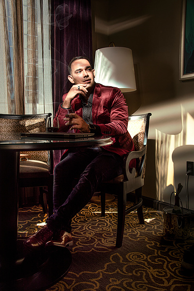 Juan Cubillo portrait in downtown Orlando in a vintage hotel