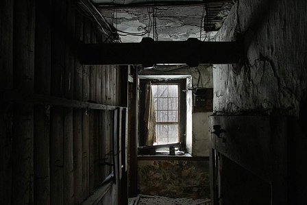The view from inside an abandoned house during a strong snowstorm