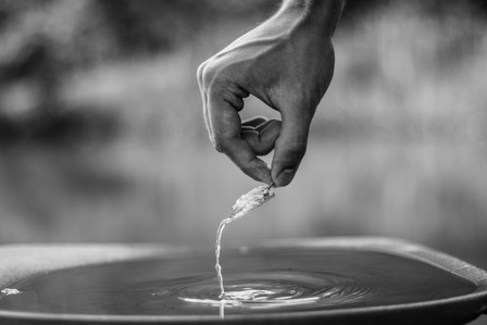A hand pouring water from a tiny leaf into a pool of water