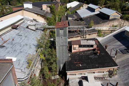 The ruins of an abandoned mill, as seen from above