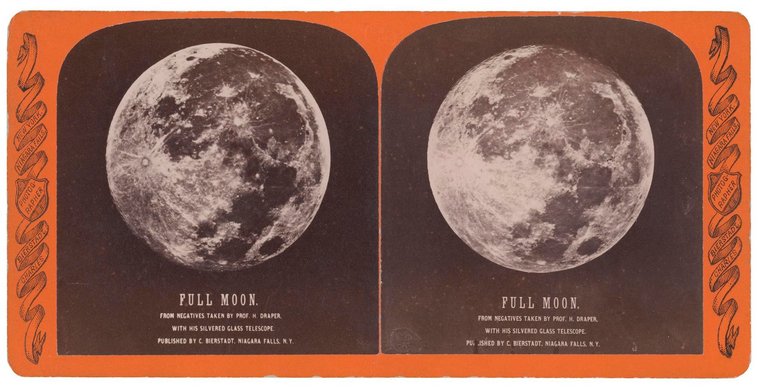 Henry Draper, Full Moon, ca. 1870, albumen prints mounted on card (stereograph). Gift of Dr. Martin J. Bass and Gail Silverman Bass, 2014. Courtesy of The Image Centre.
