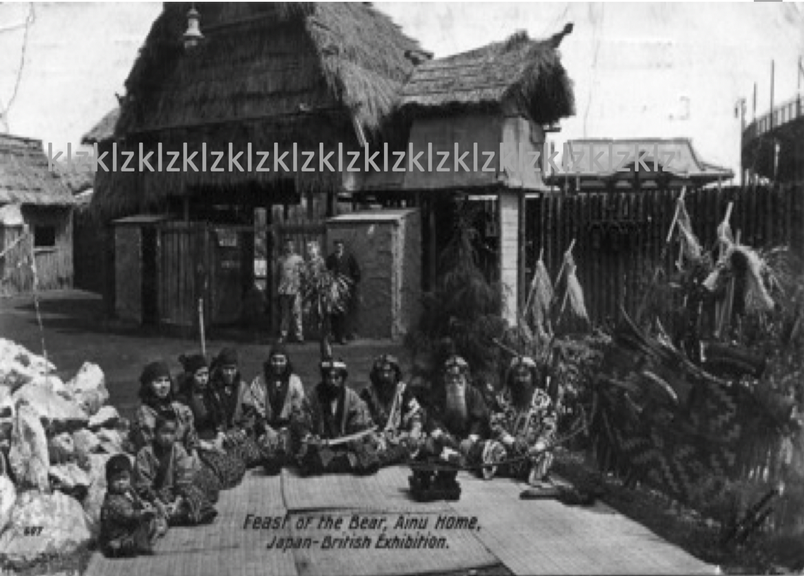 1910 Japan British Exhibition Ainu village postcard, black and white Valentines