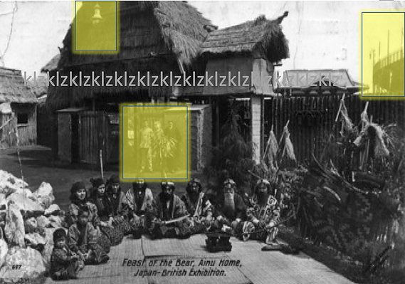 1910 Japan British Exhibition Ainu village postcard, black and white Valentines