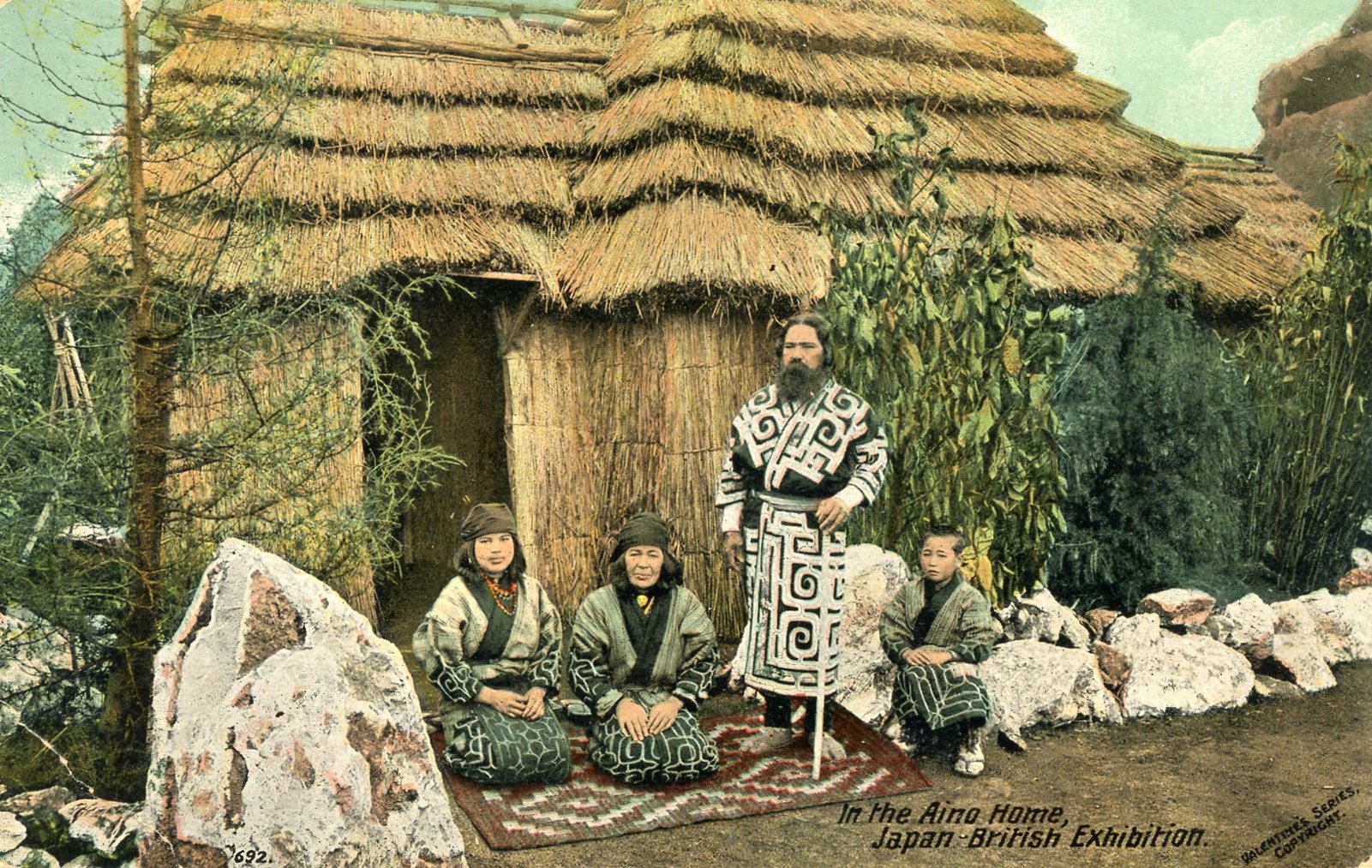 1910 Japan British exhibition postcard Ainu village Valentines 