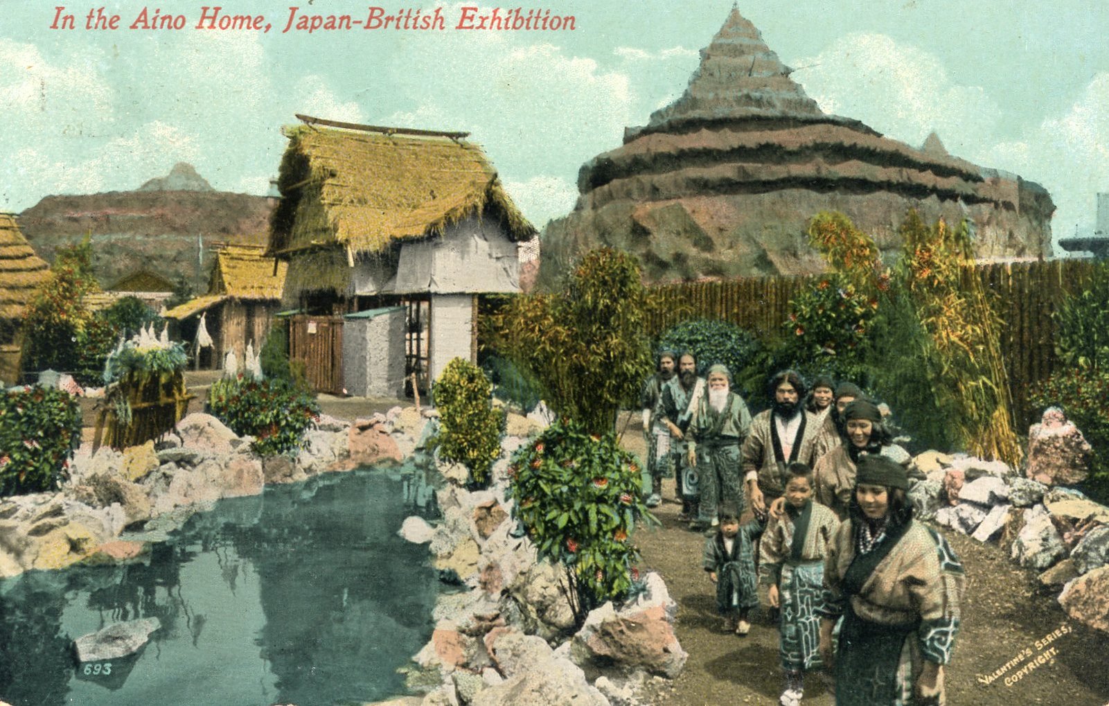 1910 Japan British exhibition postcard Ainu village Valentines 