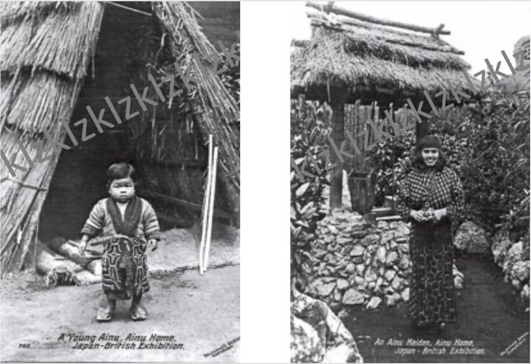 1910 Japan British exhibition postcard Ainu village Valentines  black and white, Kaizawa Chūji and Kaizawa Kokin