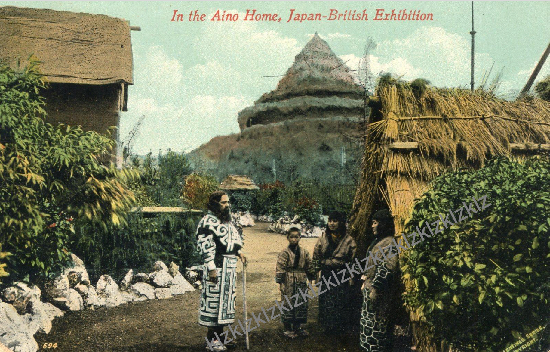 1910 Japan British exhibition postcard Ainu village Valentines 
