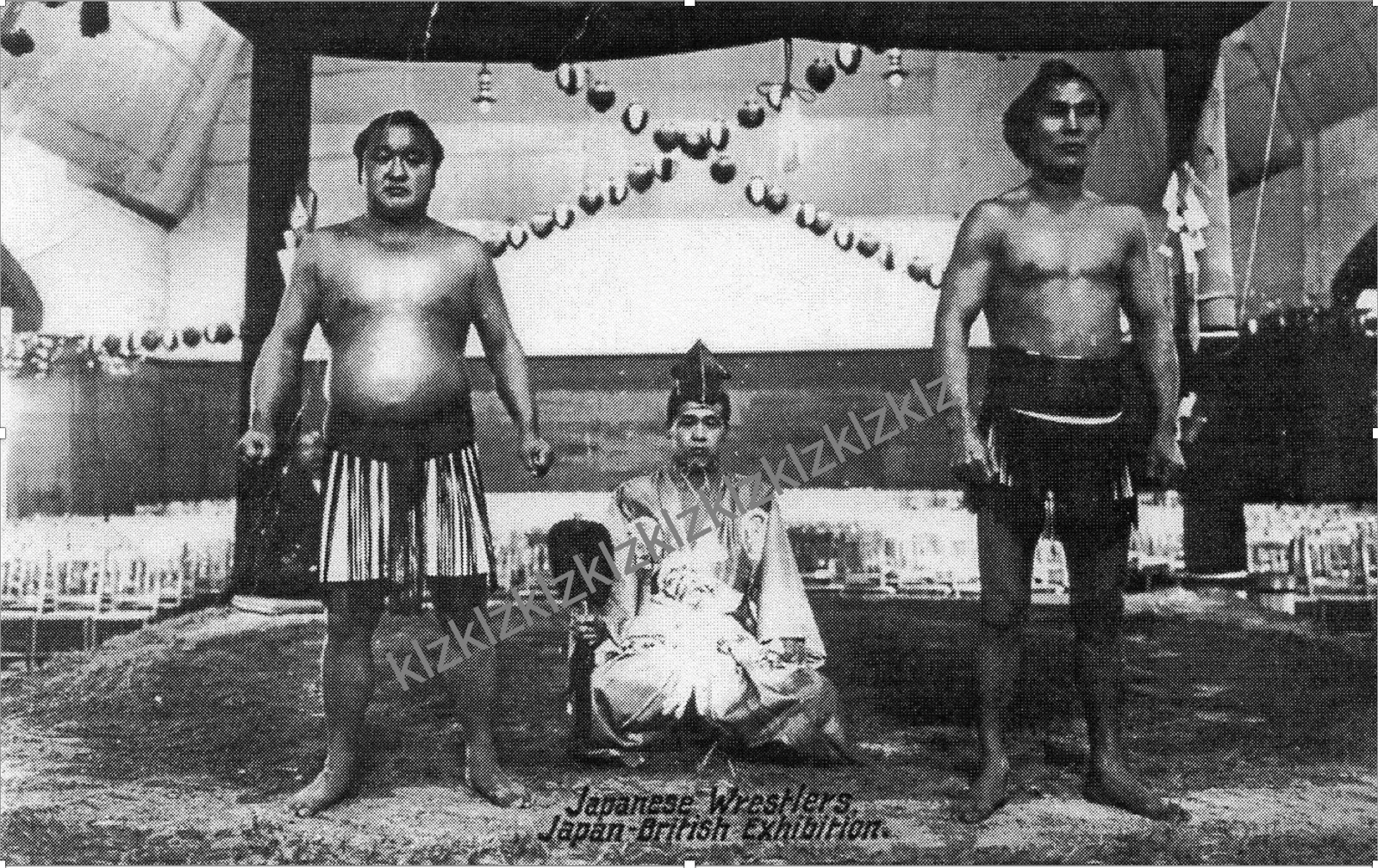 1910 Japan British exhibition postcard Sumo wrestlers