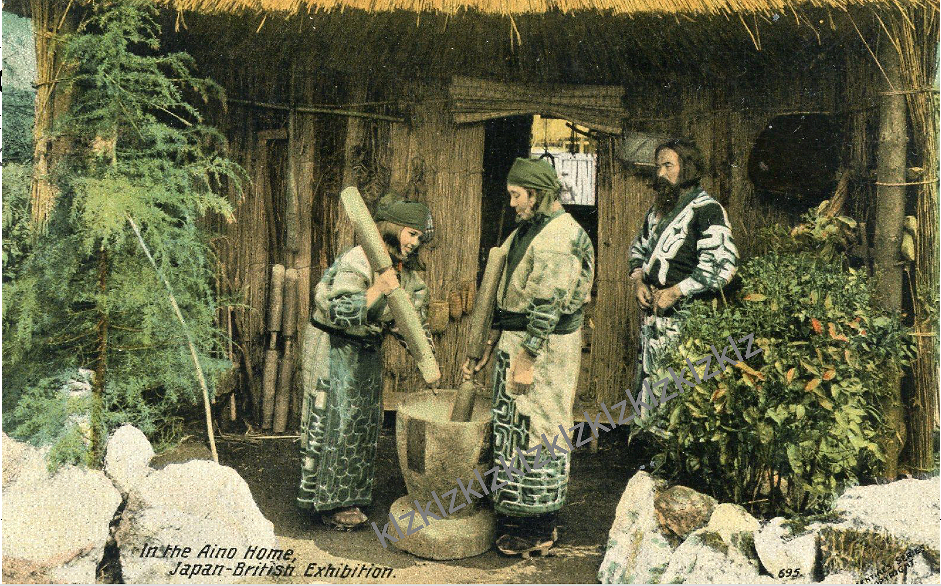 1910 Japan British exhibition postcard Ainu village Valentines 