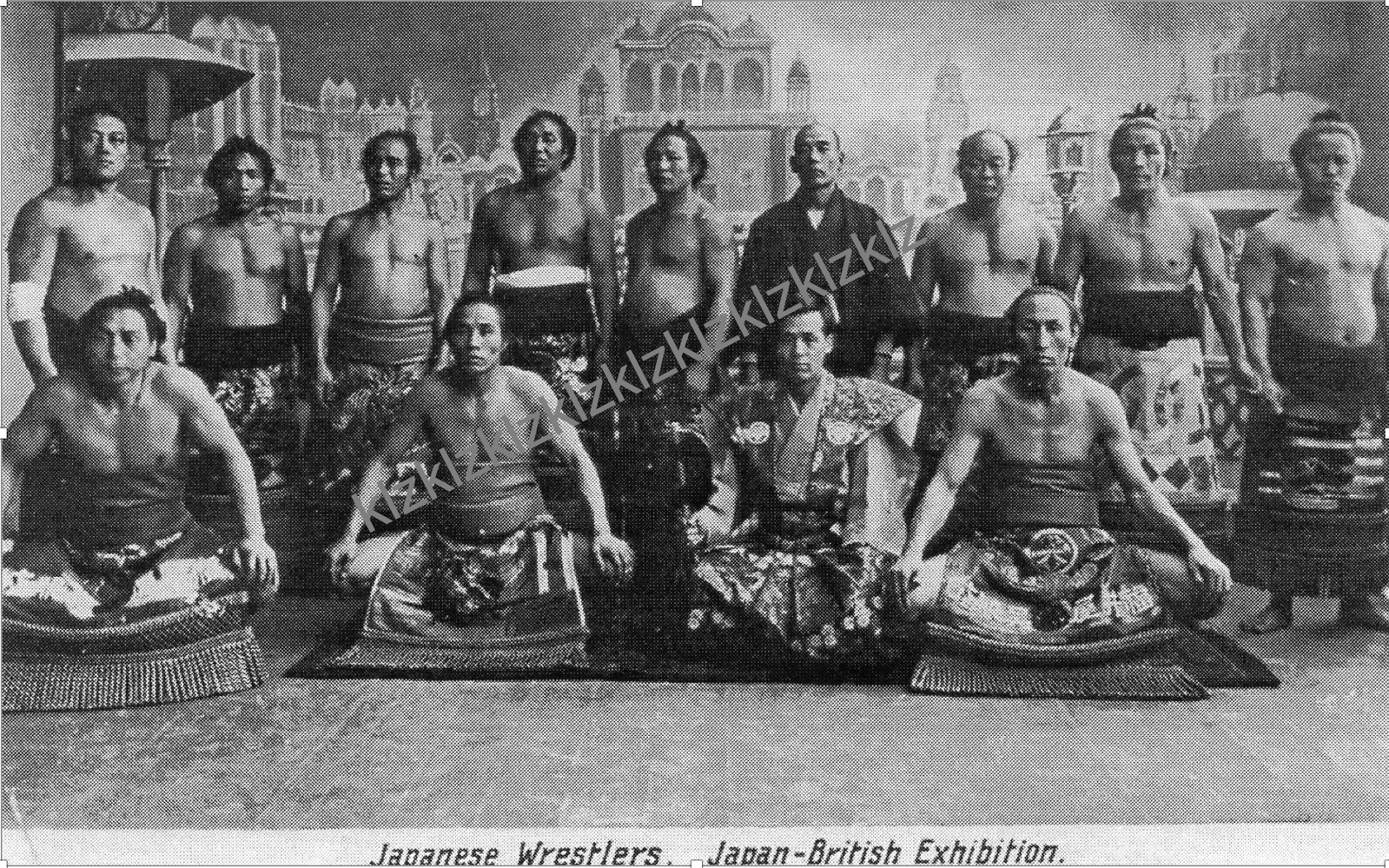 1910 Japan British exhibition postcard Sumo wrestlers