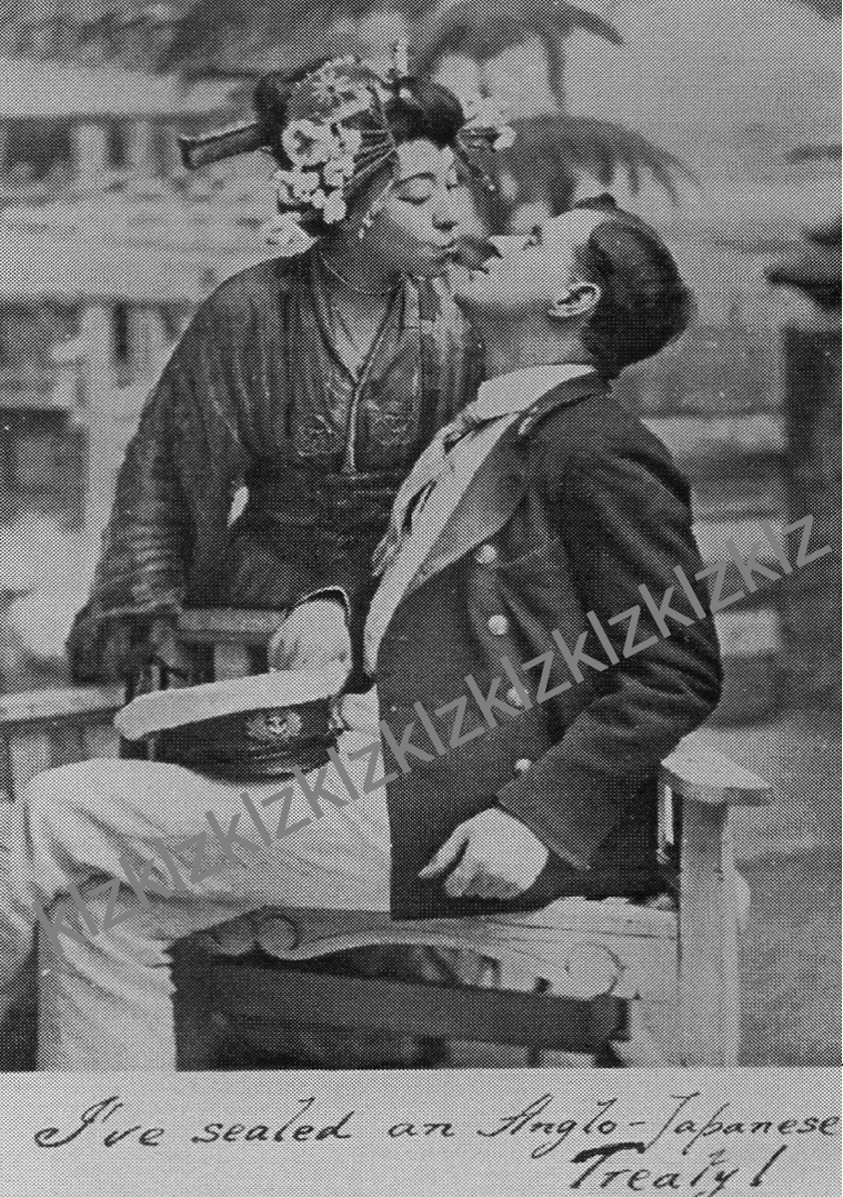  1910 Japan British Exhibition postcard Jap-Angelo treaty sealed with a kiss