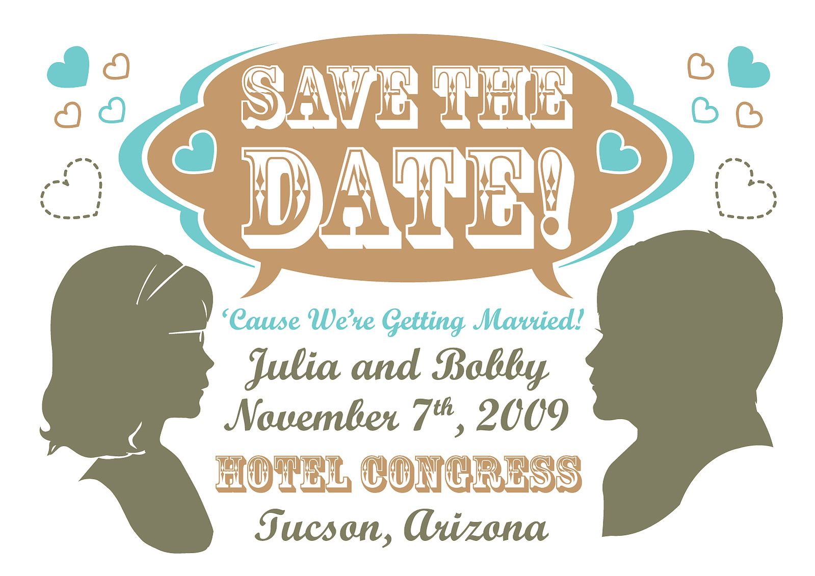 Save the Date design for our wedding using Disneyland hand cut paper silhouette portraits.