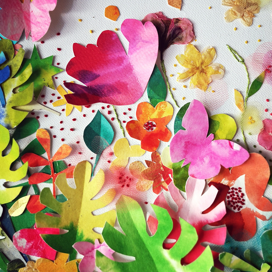 Collage details. Dry, natural flowers. Acrillic, watecolor. French embroidery.