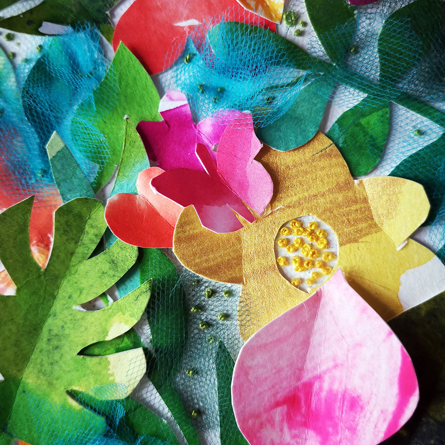 Collage details. Dry, natural flowers. Acrillic, watecolor. French embroidery.