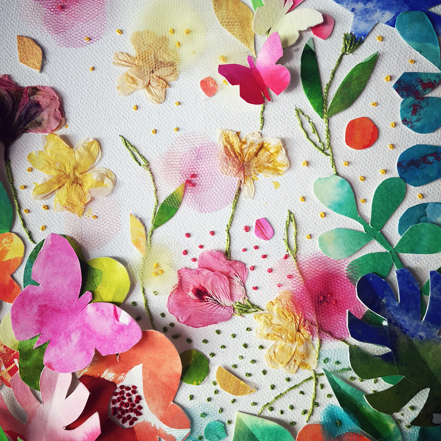 Collage details. Dry, natural flowers. Acrillic, watecolor. French embroidery.