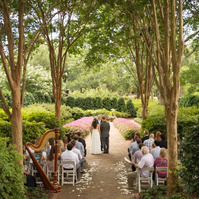 Lovely couple embraces against the backdrop of serene water features at Dallas Arboretum.