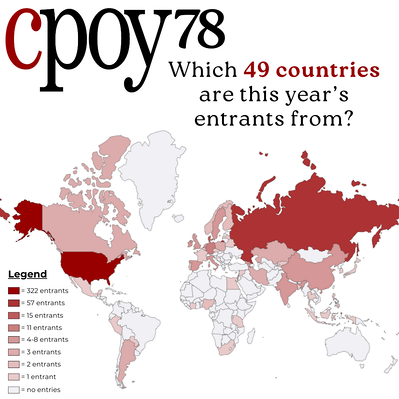 A graphic displaying different highlighted countries represents 49 countries that entered the CPOY 78 competition. In the bottom left is also a legend marking the number of entrants.