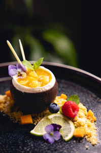 plated dessert Milano restaurant photography photo
Mango, fruit passion, chocolate raspberry