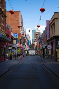 Street photo of Melbourne china town, with colorful lighting.