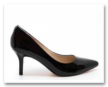 Black high heel shoe with a white background