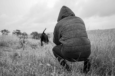 Black and white image of a photographer taking a photo of a dog surrounded by hay and hills.