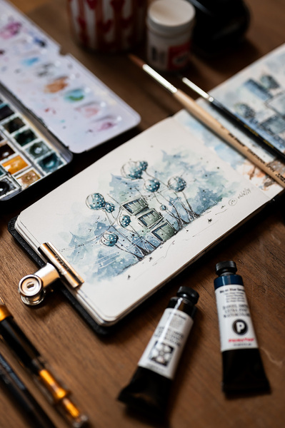 Photographie de dessin à l'encre et l'aquarelle architecture surréaliste 
Lotfi Dakhli Photographe dessinateur
