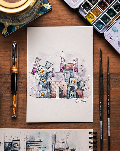 Photographie de dessin à l'encre et l'aquarelle architecture surréaliste 
Lotfi Dakhli Photographe dessinateur
