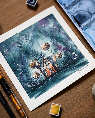 Dessin encre et aquarelle - Petite maison jaune et son jardin bleu.
Couleurs subtiles et vaporeuses.
Lotfi Dakhli photographe et dessinateur à Lyon