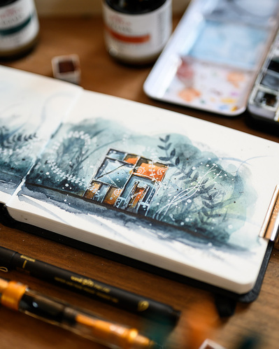 Dessin d'architecture surréaliste  à l'encre et l'aquarelle dans un carnet de croquis. 
Couleurs subtiles et vaporeuses.
Lotfi Dakhli photographe et dessinateur à Lyon