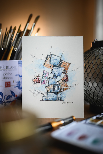 Photographie de dessin à l'encre et l'aquarelle architecture surréaliste 
Lotfi Dakhli Photographe dessinateur