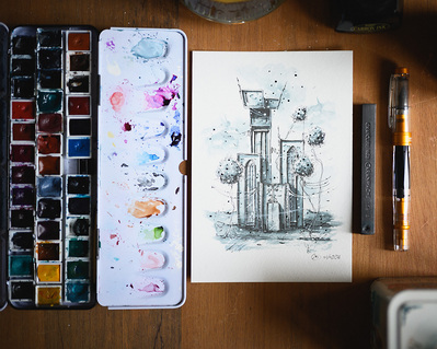 Photographie de dessin à l'encre et l'aquarelle architecture surréaliste 
Lotfi Dakhli Photographe dessinateur
