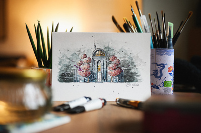 Photographie de dessin à l'encre et l'aquarelle architecture surréaliste 
Lotfi Dakhli Photographe dessinateur
