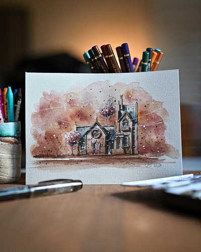 Dessin d'une maison à l'encre et aquarelle sur papier Fontaine