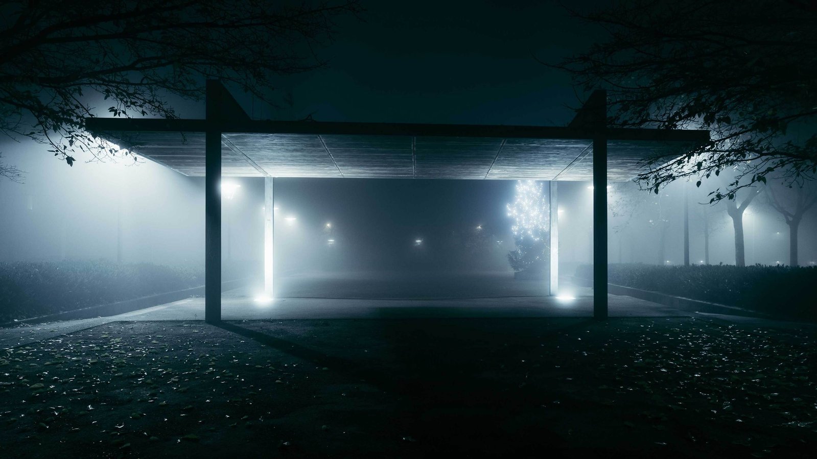 Photographie urbaine de nuit Lyon mobilier urbain dans la brume lotfi dakhli