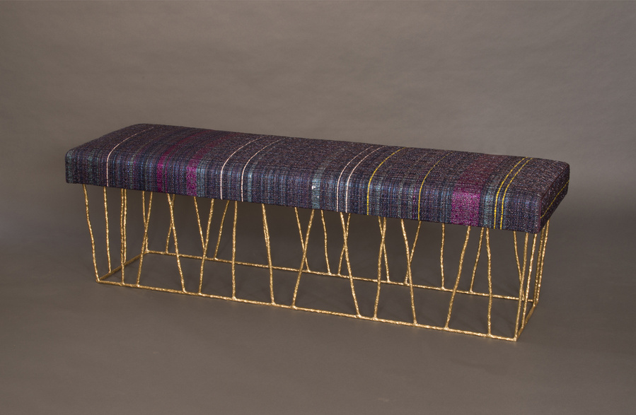 Melted brass structure, upholstered with Anne Corbière's fabric (Scarabée bleu), cotton, silk, viscose, polyester, pvc.