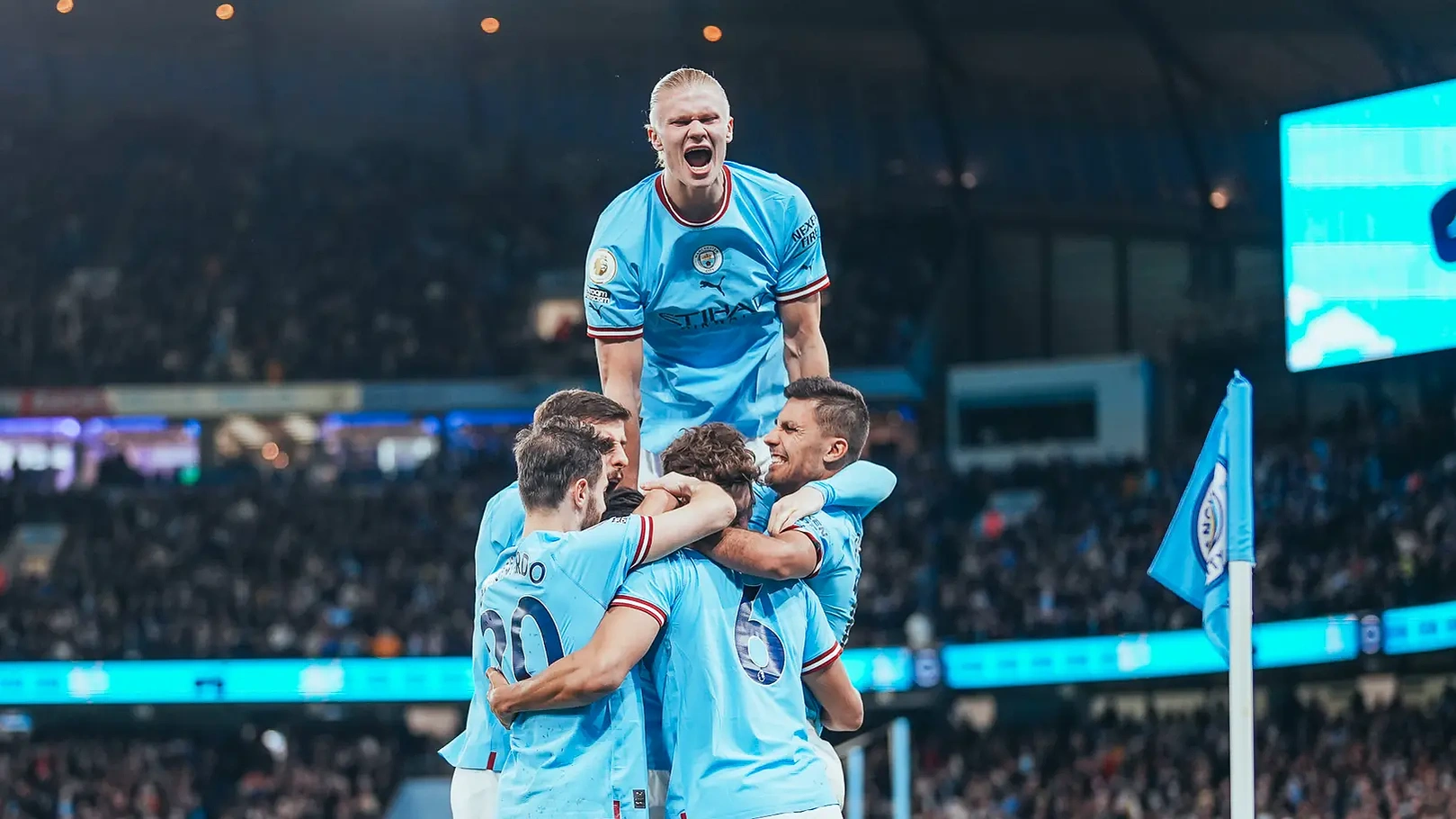 City players celebrate against West Ham, with Erling Haaland particularly jubilant about his team's performance. 