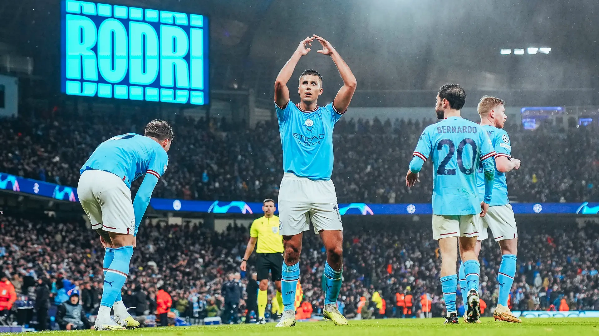 Rodri celebrates his screamer against Bayern Munich is the Champions League Quarter-Finals. 