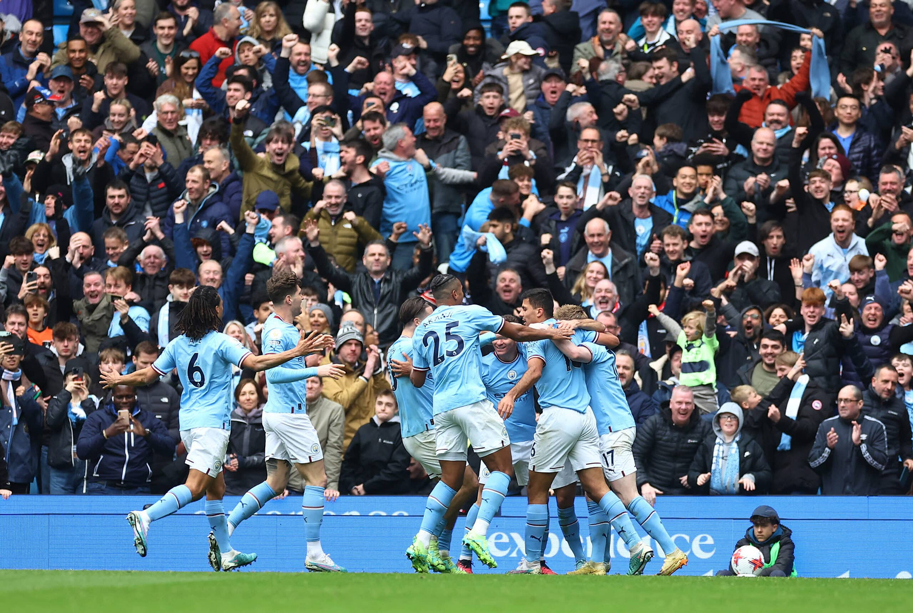 Manchester City celebrate scoring against Liverpool, April 1st, 2023. 