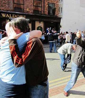 City fan and sports journalist Stephen Tudor celebrates Manchester City's monumental title win after the QPR game in 2012. 
