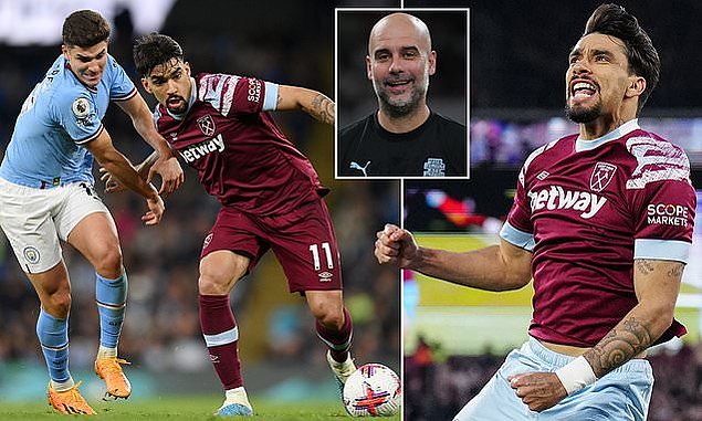 Manchester City linked Lucas Paqueta fights with City striker Julian Alvarez for the ball.