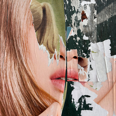This surrealistic image of a white woman with pink lipstick on a torn advertising poster is torn down the middle, leaving her without eyes and showing a green background with the back of a head in a ponytail. The image reflects anonymity.