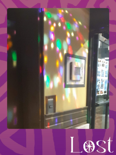 Gallery Image: Text reads: LOST. On a purple border around an image of a wall covered in party lights.
