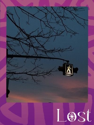 Gallery Image: Text reads: LOST. On a purple border around an image of an electric crosswalk light against a blue-pink sunset. The bare branches of a tree reach across from the left side of the image.