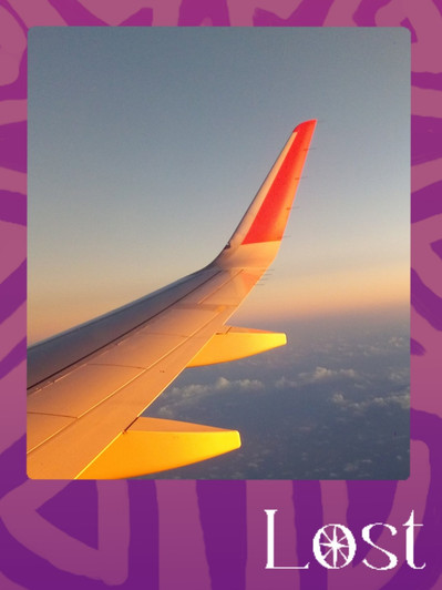 Gallery Image: Text reads: LOST. On a purple border around an image of the wing of a plane. The shapes of land and clouds are visible in the distance. The wing is being hit with an orange sunlight.
