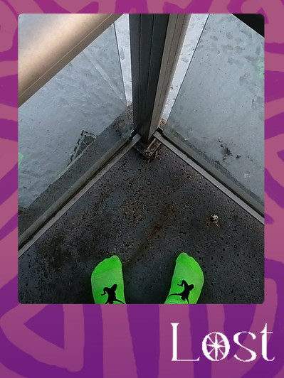 Gallery Image: Text reads: LOST. On a purple border around an image of green-clad sock feet in front of the corner on a balcony with glass-wall banisters.