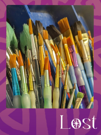 Gallery Image: Text reads: LOST. On a purple border around an image of a paint-brushes of many sizes, shapes and colours.