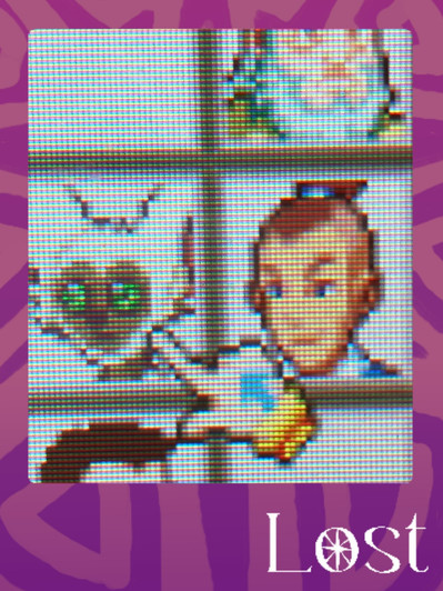 Gallery Image: Text reads: LOST. On a purple border around a close-up image of the Last Airbender video game. A gloved hand with a blue arrow on its back hovers over the lemur character on a character selection screen.