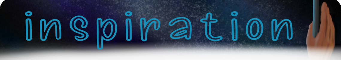 Heading Text Reads: Inspiration (in blue drawn font) the text is on a blue-black spotted backdrop. There is a hand holding open a door to the right of the image.