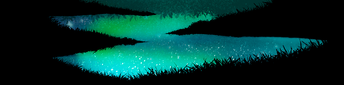 Footer image is a moonlit landscape with the silhouette of grass, and hills bordering a light grean-blue central sparkling clearing.
